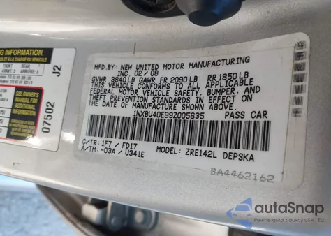 2009 Toyota Corolla S z USA, uszkodzony, nr VIN 1NXBU40E99Z005635